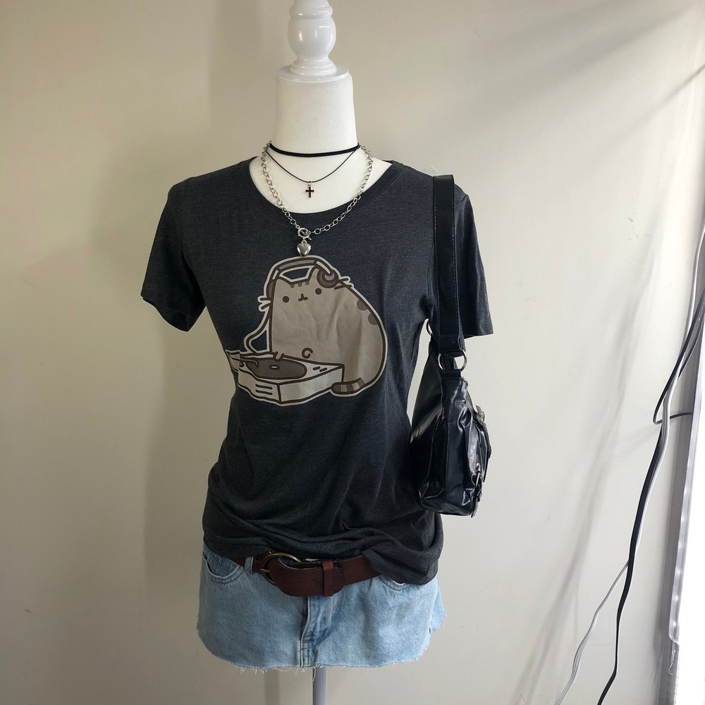Official Pusheen DJ Cat Graphic Tee Heather Charcoal Grey T-Shirt Womens M
